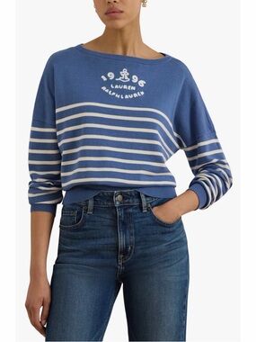 Ralph Lauren Blue and White Striped Boatneck Knit Sweater